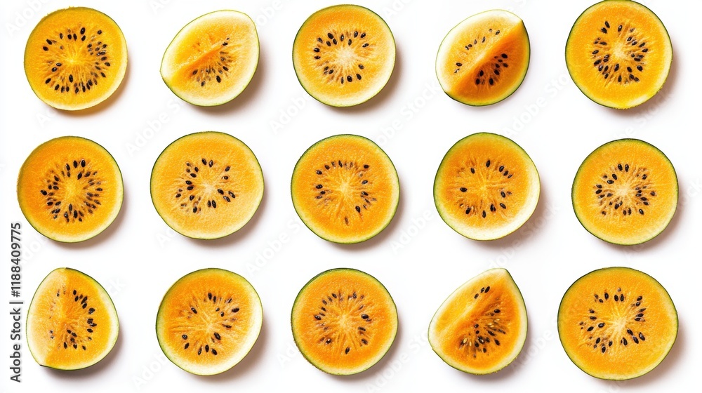 Fototapeta premium Vibrant Yellow Watermelon Slices Displayed on White Background