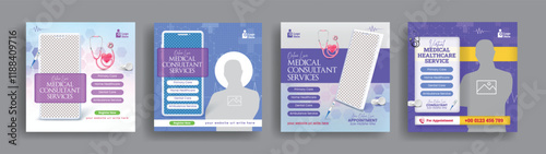 Online Medical Healthcare consultation social media post banner ads template, Promotional Social media post banner for online virtual doctor healthcare service app promotion and nursing care ad design