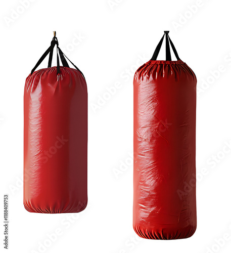 Red punching bag hanging in room on white background