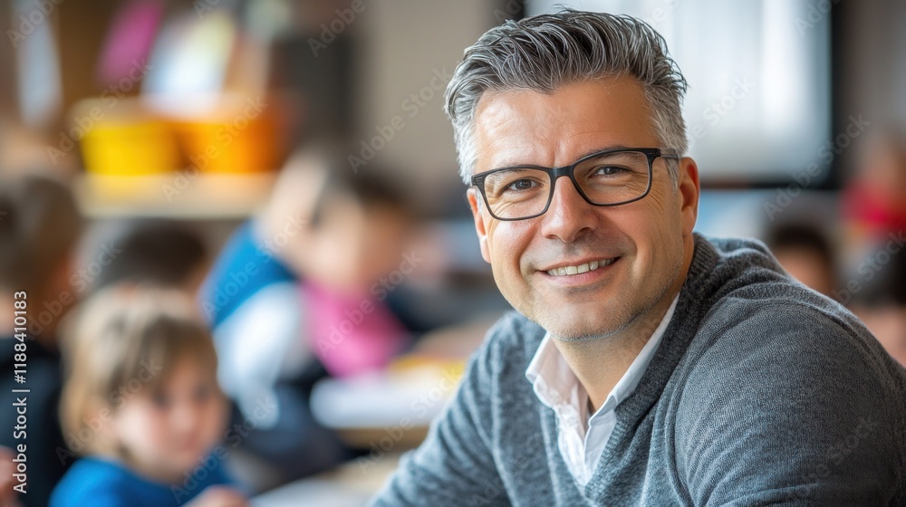 Smiling Teacher Engaging with Students in Classroom Setting Smiling Teacher Engaging with Students in Classroom Setting