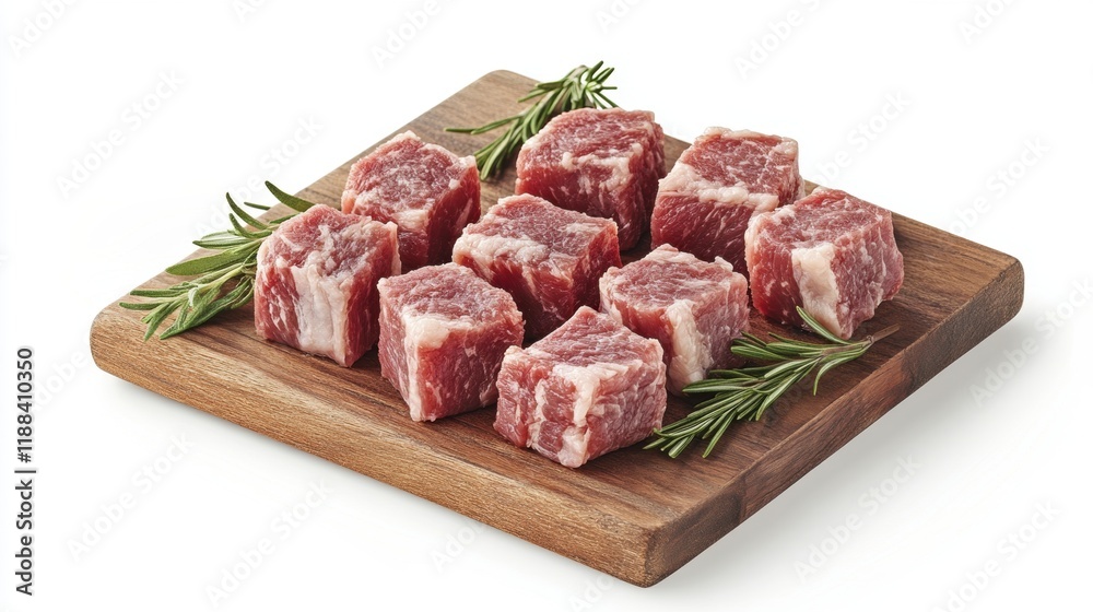 Fresh Cubes of Raw Beef on Wooden Cutting Board with Rosemary Fresh Cubes of Raw Beef on Wooden Cutting Board with Rosemary
