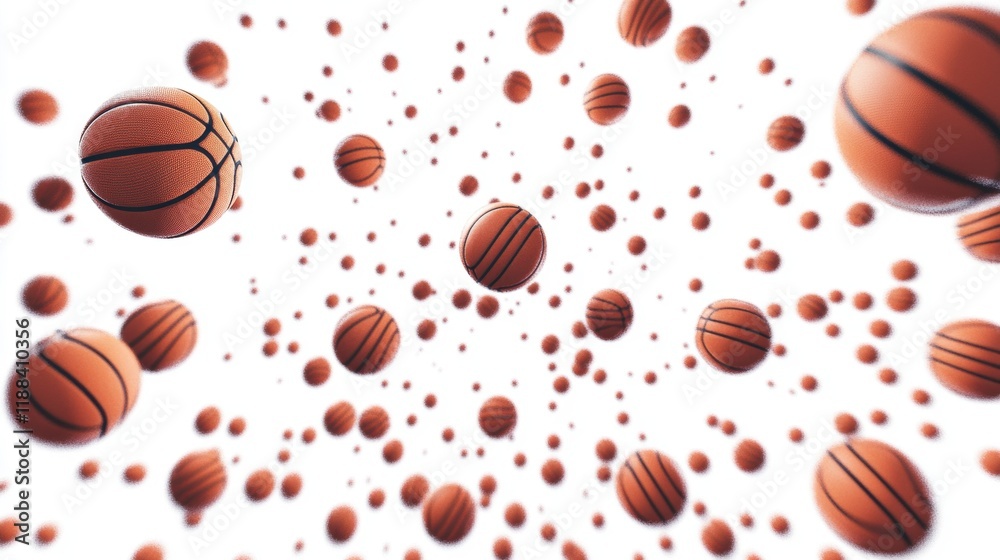 Dynamic View of Floating Basketballs on a White Background Dynamic View of Floating Basketballs on a White Background