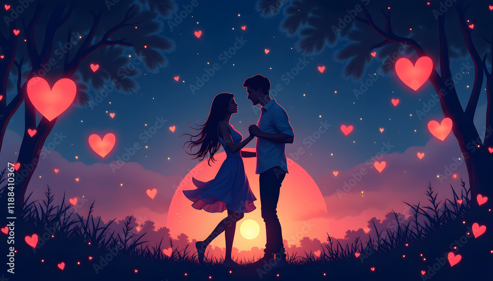 Obraz premium Vector art with a couple dancing under the stars surrounded by glowing hearts.