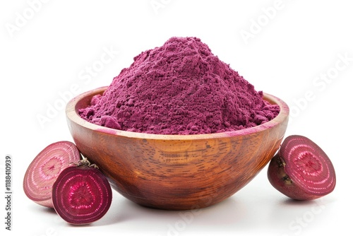 Beetroot Beet Root Powder in Wooden Bowl with Fresh Fruit Isolated on White Background