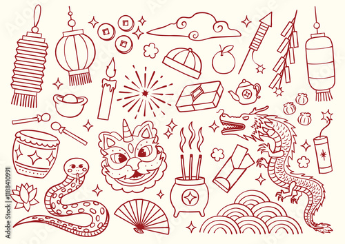 Chinese new year outline illustration doodle hand drawn design set