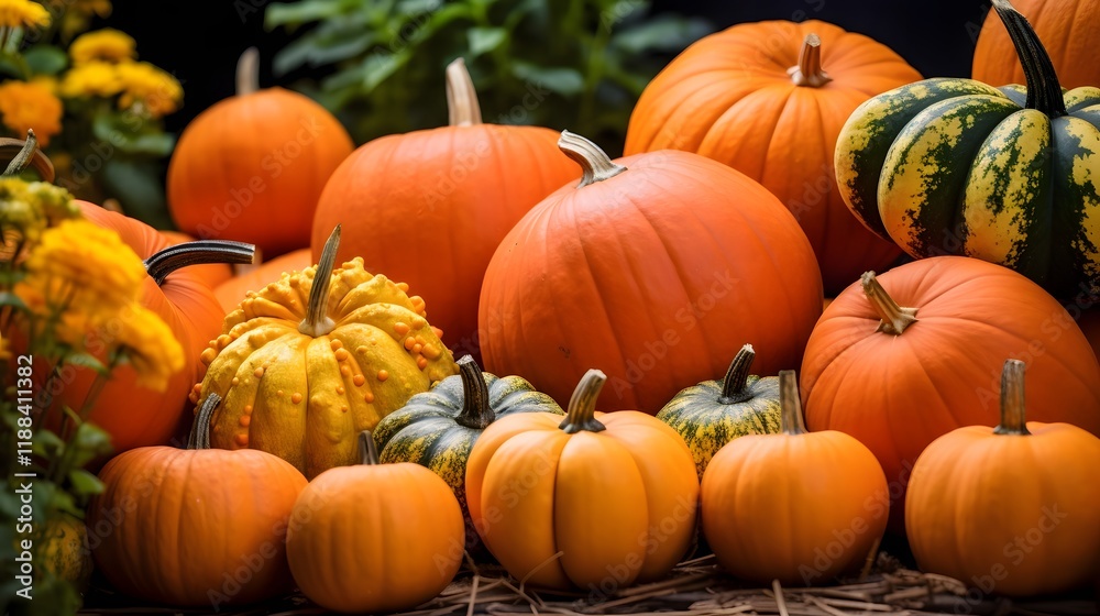A close up shot showcasing a variety of vibrant orange pumpkins and squash arranged in a natural rustic setting The image captures the essence of the autumn harvest season and the rich A close up shot showcasing a variety of vibrant orange pumpkins and squash arranged in a natural rustic setting The image captures the essence of the autumn harvest season and the rich