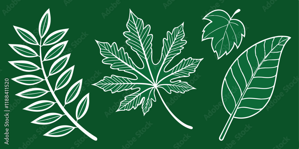Fototapeta premium Detailed hand-drawn maple leaves with artistic green tones