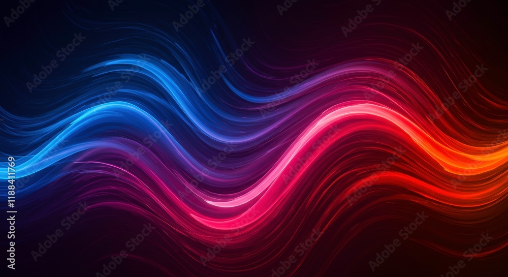 Fototapeta premium Abstract Neon Waves: Dynamic, vibrant waves of red and blue neon light flow seamlessly against a dark background, creating a mesmerizing visual symphony of color and movement. 