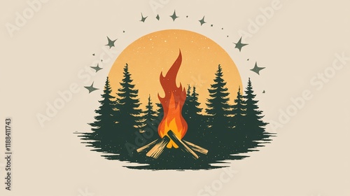 Campfire in forest at sunset, stars.