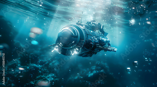 Exploring the depths of the ocean with a futuristic submersible underwater vehicle in a shimmering aquatic environment. Generative AI photo