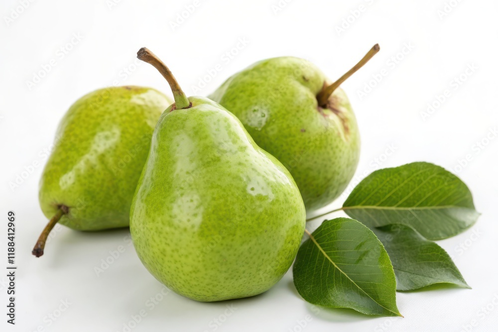 Fresh Green Pears with Leaves on a White Background - Vibrant and Juicy Fruit Display Fresh Green Pears with Leaves on a White Background - Vibrant and Juicy Fruit Display