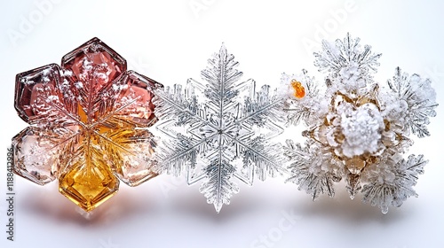Three decorative snowflake designs in various colors and textures, showcasing winter-themed artistry.