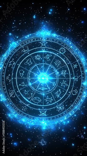 A glowing astrological wheel featuring zodiac symbols, representing celestial influences and cosmic energy.
