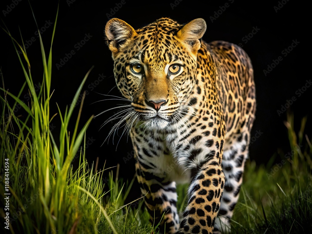Obraz premium Stealthy Leopard in Tall Grass - Night Wildlife Photography