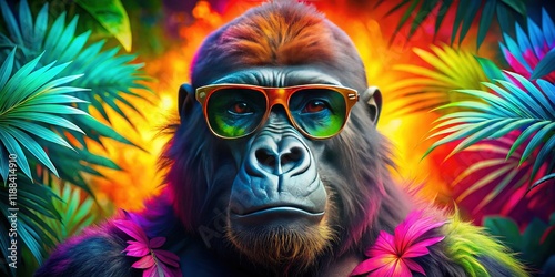 Stylish Gorilla Sunglasses Double Exposure Vibrant Colors Stock Photo photo