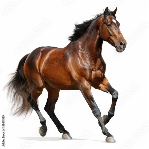 Powerful bay horse running, isolated on white background photo