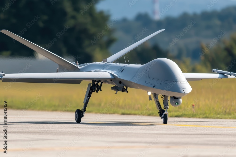 Military drone prepares for takeoff on a sunny airfield Military drone prepares for takeoff on a sunny airfield