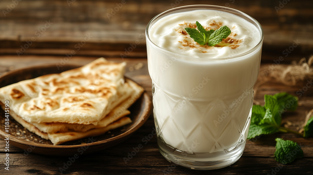 a glass of ayran, featuring a creamy white texture with a frothy top, garnished with a sprinkle of dried mint and served alongside a plate of freshly baked flatbread on a rustic wooden table a glass of ayran, featuring a creamy white texture with a frothy top, garnished with a sprinkle of dried mint and served alongside a plate of freshly baked flatbread on a rustic wooden table