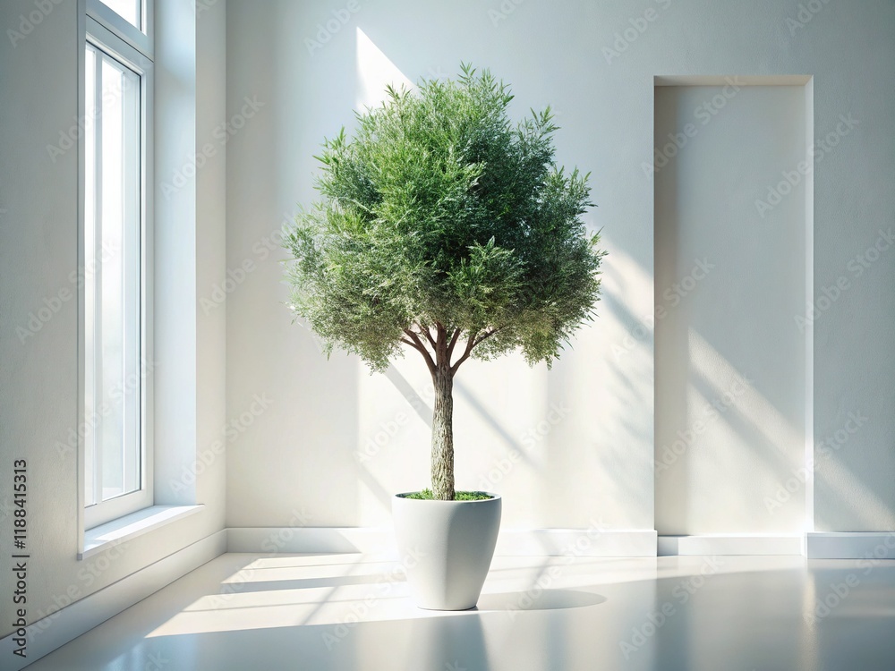 Fototapeta premium Sunlit Minimalist Interior: Graceful Olive Tree in Potted Plant