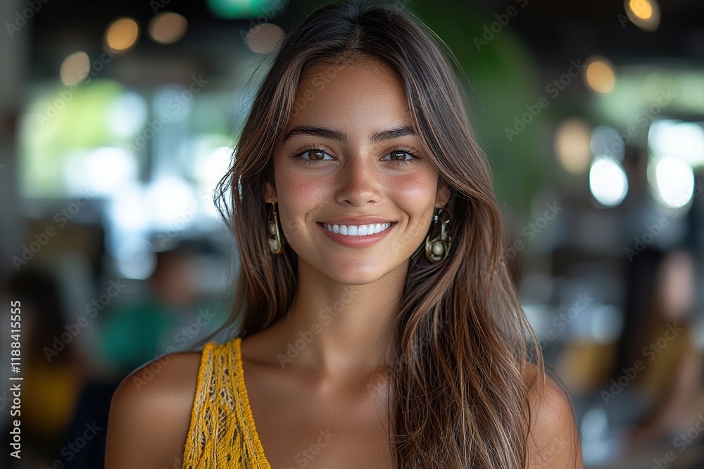 A smiling woman with long hair, wearing a yellow top, in a lively indoor setting with blurred people in the background. A smiling woman with long hair, wearing a yellow top, in a lively indoor setting with blurred people in the background.