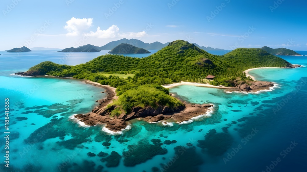 Stunning panoramic view of a lush tropical island surrounded by crystal clear turquoise waters offering a serene and picturesque getaway in an exotic paradise Stunning panoramic view of a lush tropical island surrounded by crystal clear turquoise waters offering a serene and picturesque getaway in an exotic paradise
