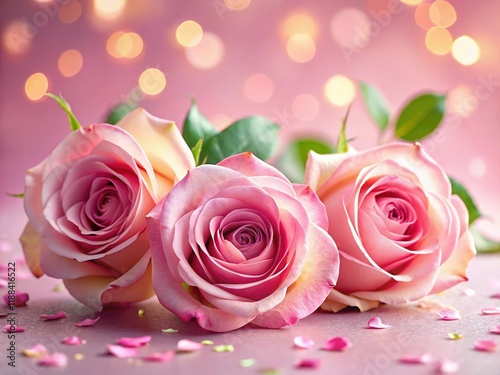 Three Delicate Pink Roses on a Pastel Pink Background - Elegant Floral Stock Photo