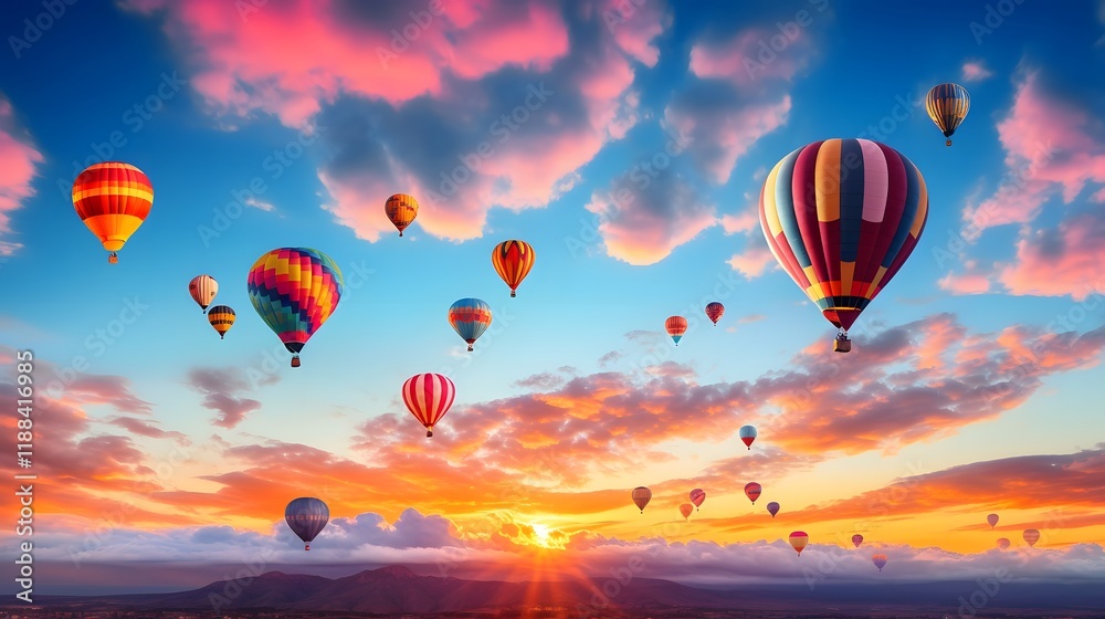 Obraz premium Colorful air balloons taking flight against a breathtaking sunset sky creating a mesmerizing and scene of adventure and freedom