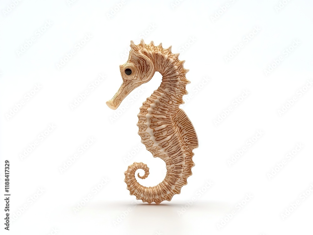 Fototapeta premium Beige seahorse figurine on white background; ocean life craft; animal model.