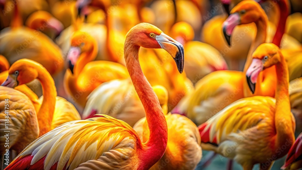 Obraz premium Unique Yellow Flamingo Among Red Flock - Vibrant Bird Portrait