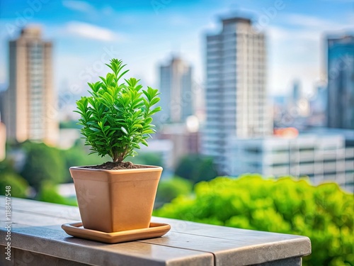 Urban Growth: Small Green Plant in Pot on White Blocks Against Blurred Cityscape photo