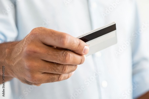 Person Holding a Credit Card for Transaction in a Neutral Setting photo