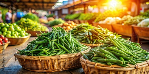 Vibrant Green Beans at a Farmers Market Stall - Fresh Produce Photography