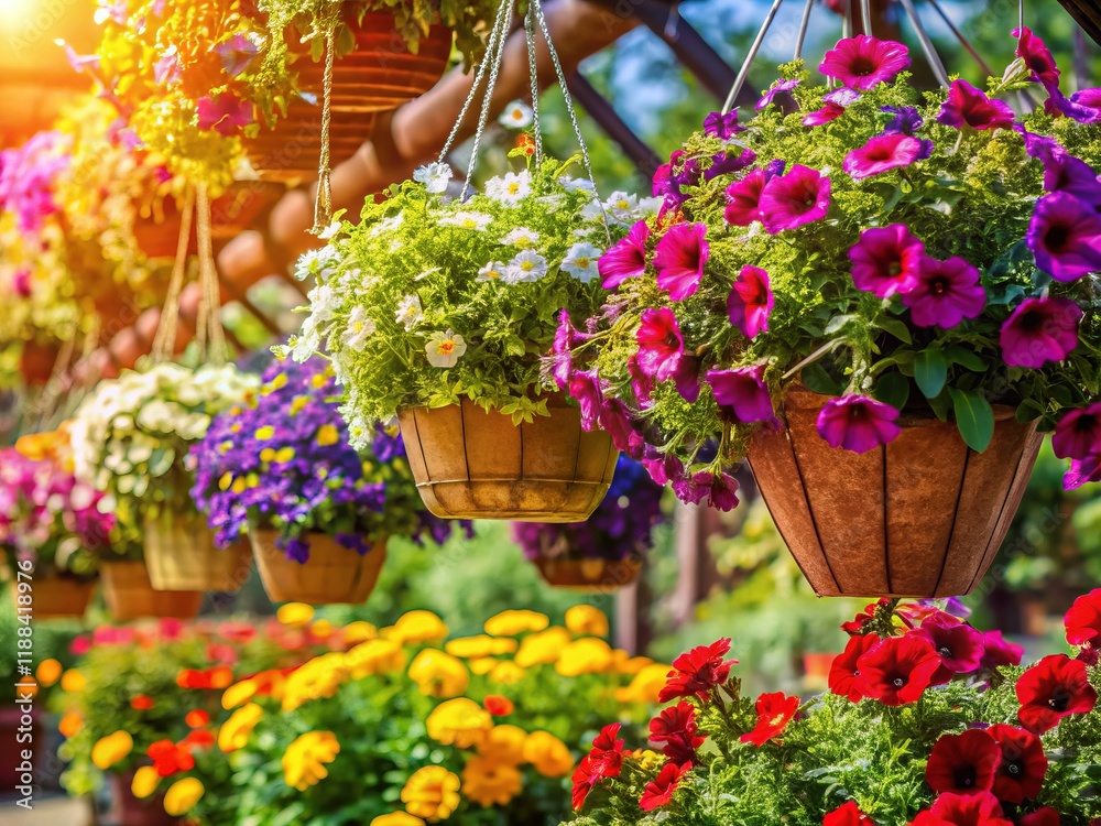 Fototapeta premium Vibrant Hanging Baskets Overflowing with Blooms at Garden Center
