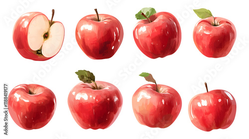 Eight Red Apples, One Halved Isolated On A White Background, PNG Transparent
