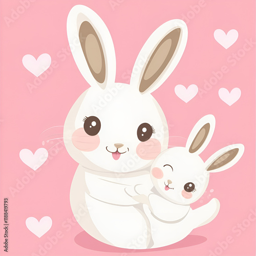 Cute cartoon mother rabbit hugging her baby with hearts on a pastel pink background