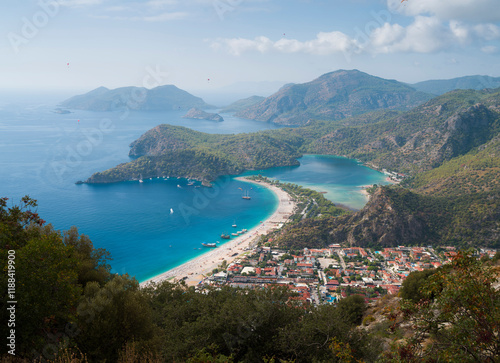 Fototapeta Naklejka Na Ścianę i Meble -  View of the Blue Lagoon Oludeniz from the Montana observation hill. Oludeniz is a popular tourist attraction in Turkey. Fethiye district, Mugla province, Turkey