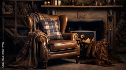 Cozy vintage leather armchair with a warm plaid blanket draped over it set in a rustic homely environment  The scene evokes a sense of comfort relaxation and timeless charm photo