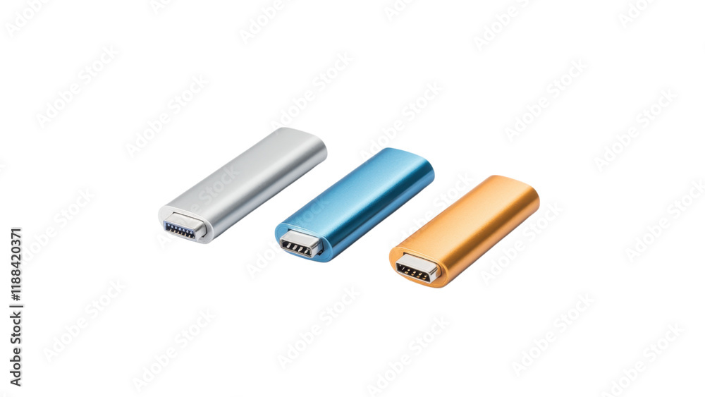 Portable power banks in silver, blue, and orange on a transparent background Portable power banks in silver, blue, and orange on a transparent background