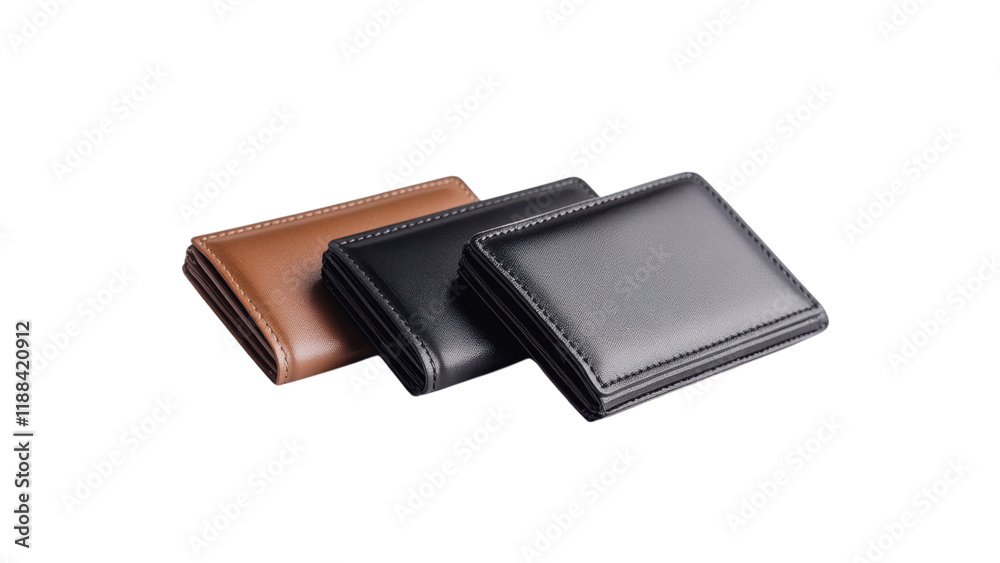 Three stylish leather wallets in various colors on a transparent background Three stylish leather wallets in various colors on a transparent background