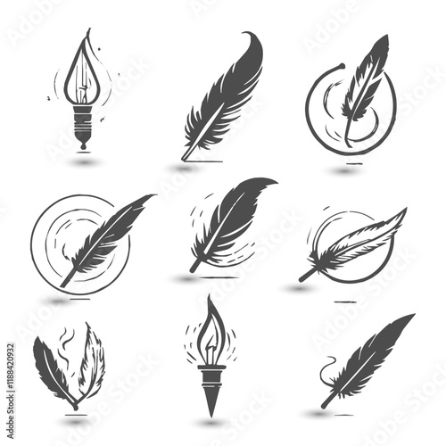 Set icon quill pen logo design template lamp idea set of abstract signature feather pen logo design template on white