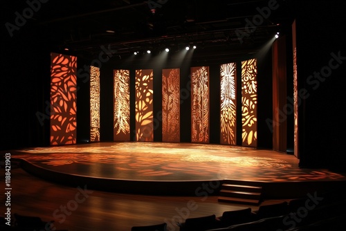 Empty stage for ethnic and folk dance, enhanced with artistic gobo pattern lighting, creating a vibrant ambiance for traditional and cultural storytelling. photo