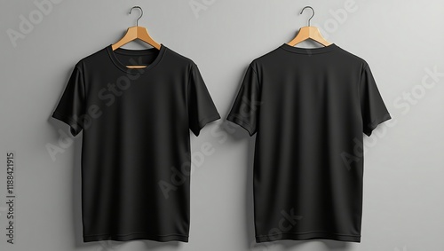 Two Black T Shirts Hanging On Wooden Hangers