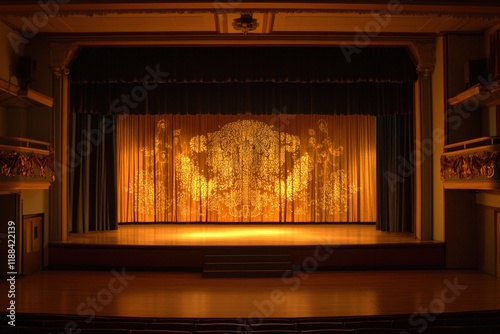 Puppetry stage illuminated with creative gobo pattern lighting, setting a dramatic and artistic ambiance on an empty performance space. photo