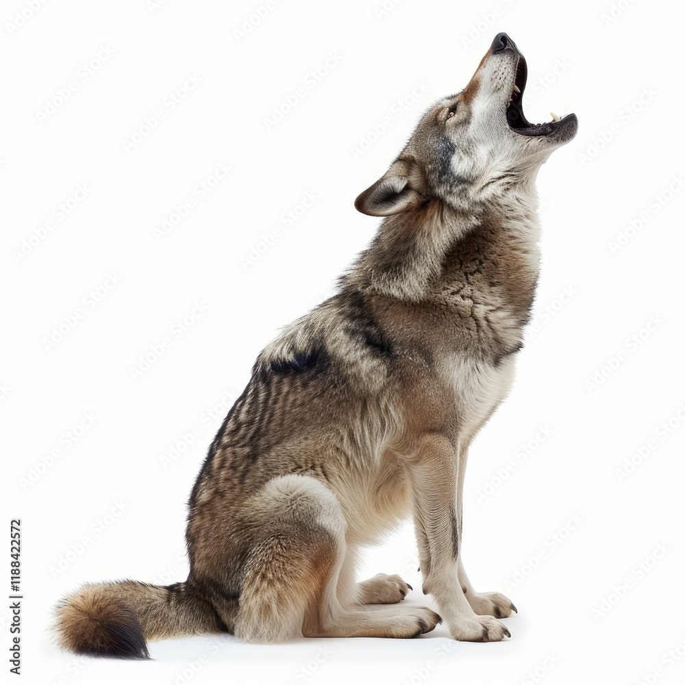 Fototapeta premium Gray wolf sitting and howling isolated on white background