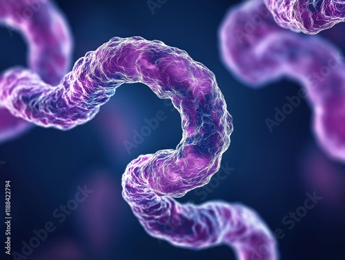 Microscopic view of Treponema pallidum bacteria. Detailed illustration shows bacterial structure. Infectious disease syphilis visible. Bacteria contagious, transmitted sexually. Bacteria cause photo