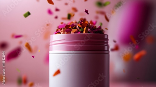 Pink Container Filled with Colorful Confetti, Celebration Concept