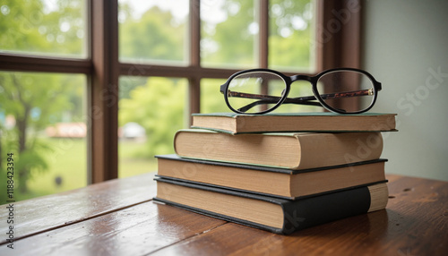 Books and glasses arranged on wooden table near window, scholarly ambiance photo