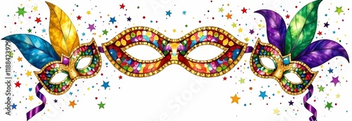 Mardi Gras. Mardi Gras carnival banner in purple, green, yellow colors. Mardi Gras mask with gold filigree and purple feathers on reflective surface, elegant mood. Watercolor