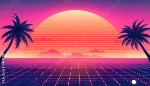 Retro illustration of the sea with sunset and coconut trees and typical 1980s colors, pink. Wallpaper, poster.