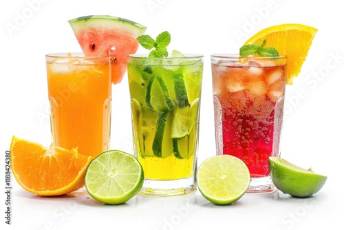 Glasses of Lime, Water Melon and Orange Soda Drink Isolated on White Background